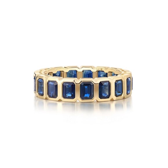 Royal Blue Emerald-Cut 14K (18k) Yellow Gold Sapphire Eternity Band Ring - Picture 1 of 6